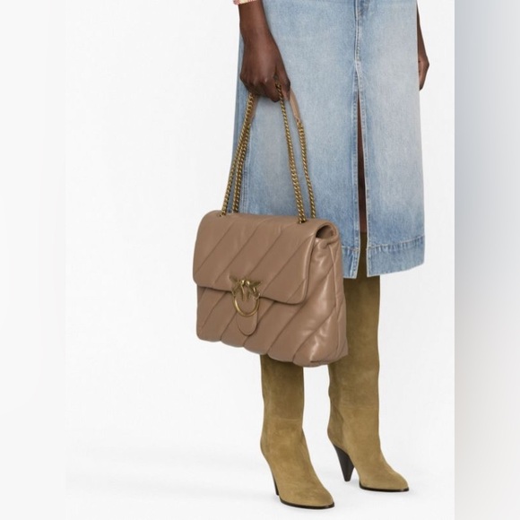 New Pinko Large Puff Leather Shoulder Bag In Taupe - Picture 2 of 14
